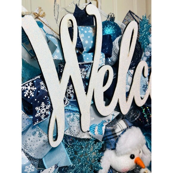 XL Handmade Christmas Holiday Skiing Snowman Ribbon Prelit Wreath 26 ins LED - Picture 10 of 12